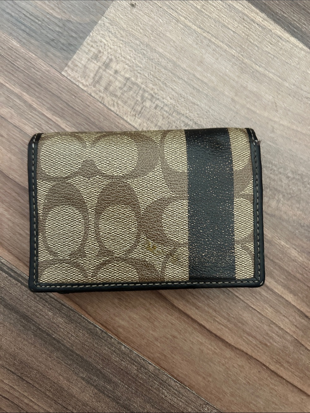 Coach Khaki Signature Card Case with Black Stripe